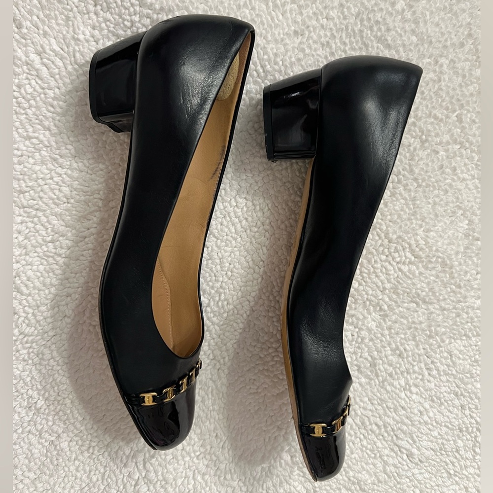 Salvatore Ferragamo Black Patent Leather Block Heel Pumps with Gold Accent - Picture 7 of 9